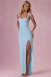 Premium Mesh Draped Corset Gown in Light Aqua