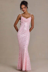 Premium Embellished Open-Back Maxi Dress in Baby Pink