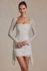 Embellished Draped Cowl-Neck Mini Dress in White