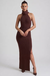 Ribbed-Knit Turtleneck Backless Maxi Dress in Espresso