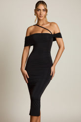 Off-Shoulder Draped Midaxi Dress in Black
