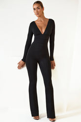 Modal Ruched Plunge Flared Jumpsuit in Black