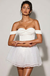 Off-Shoulder Layered Corset Micro Mini Dress in White