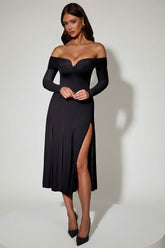 Off-Shoulder Lace-Up A-Line Midaxi Dress in Black