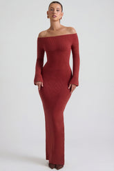 Ribbed-Knit Off-Shoulder Maxi Dress in Brick Red