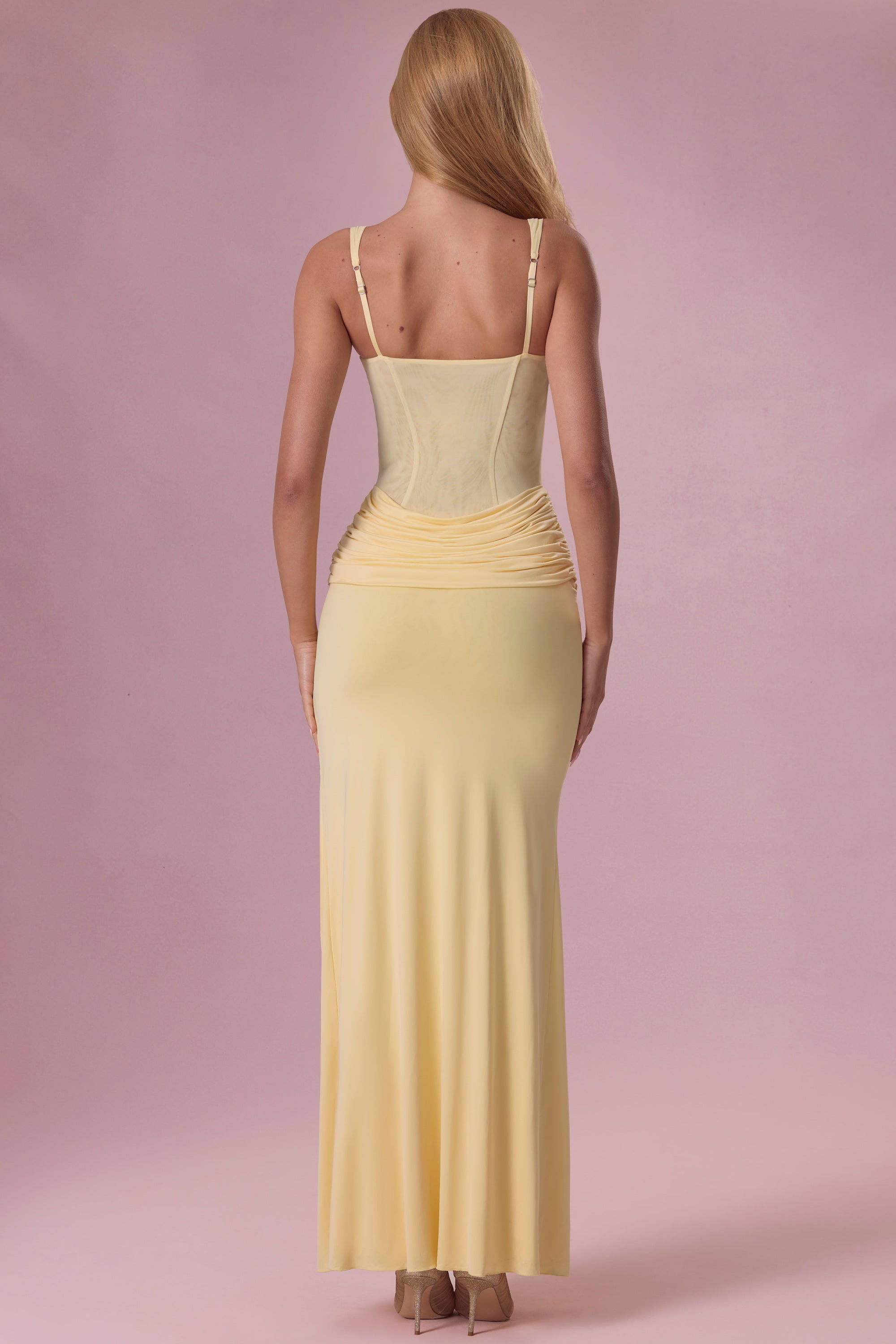 Mesh Draped Bridesmaid Dress in Butter Yellow