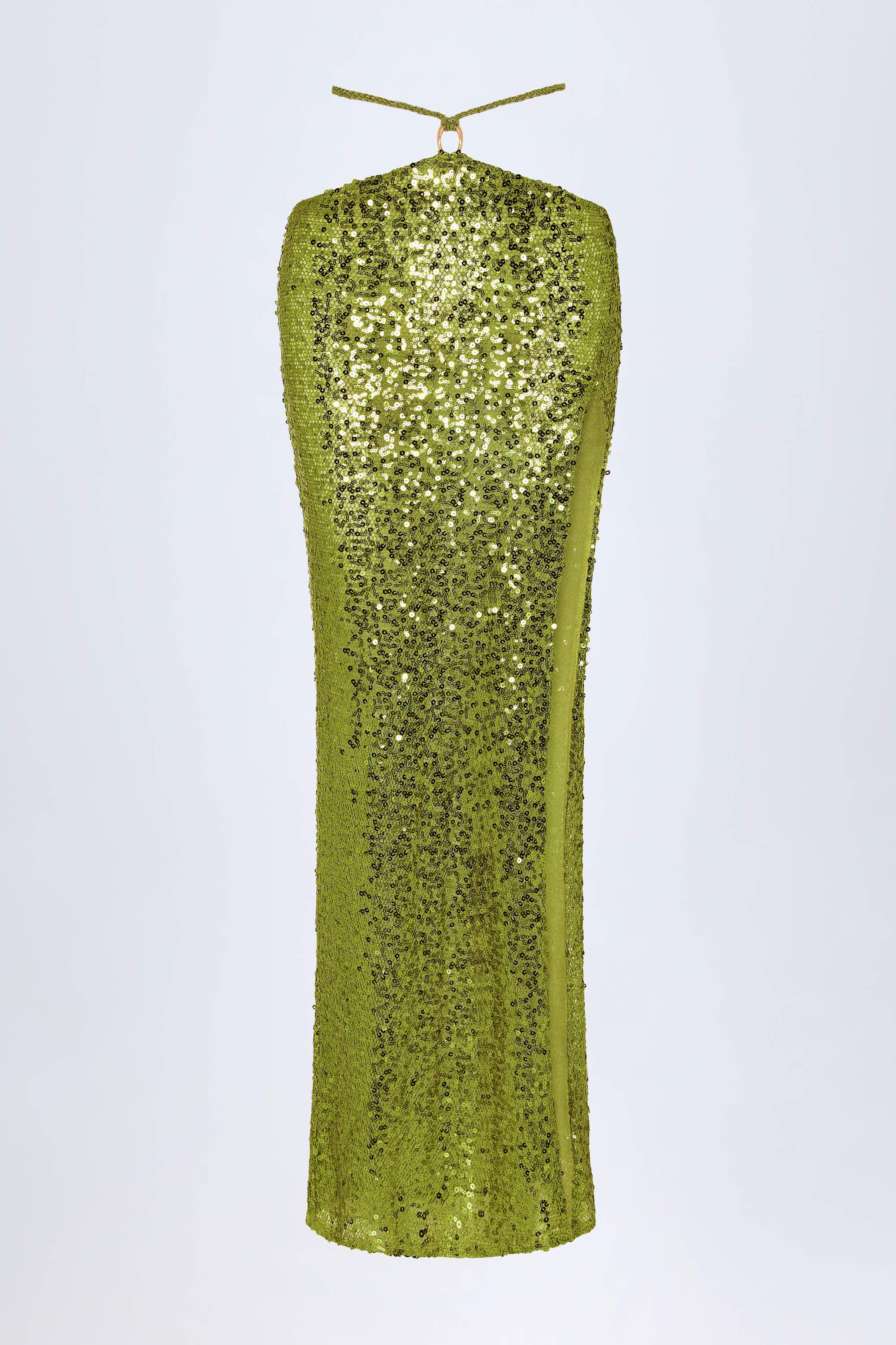 Embellished Hardware-Detail Strappy Maxi Skirt in Olive Green