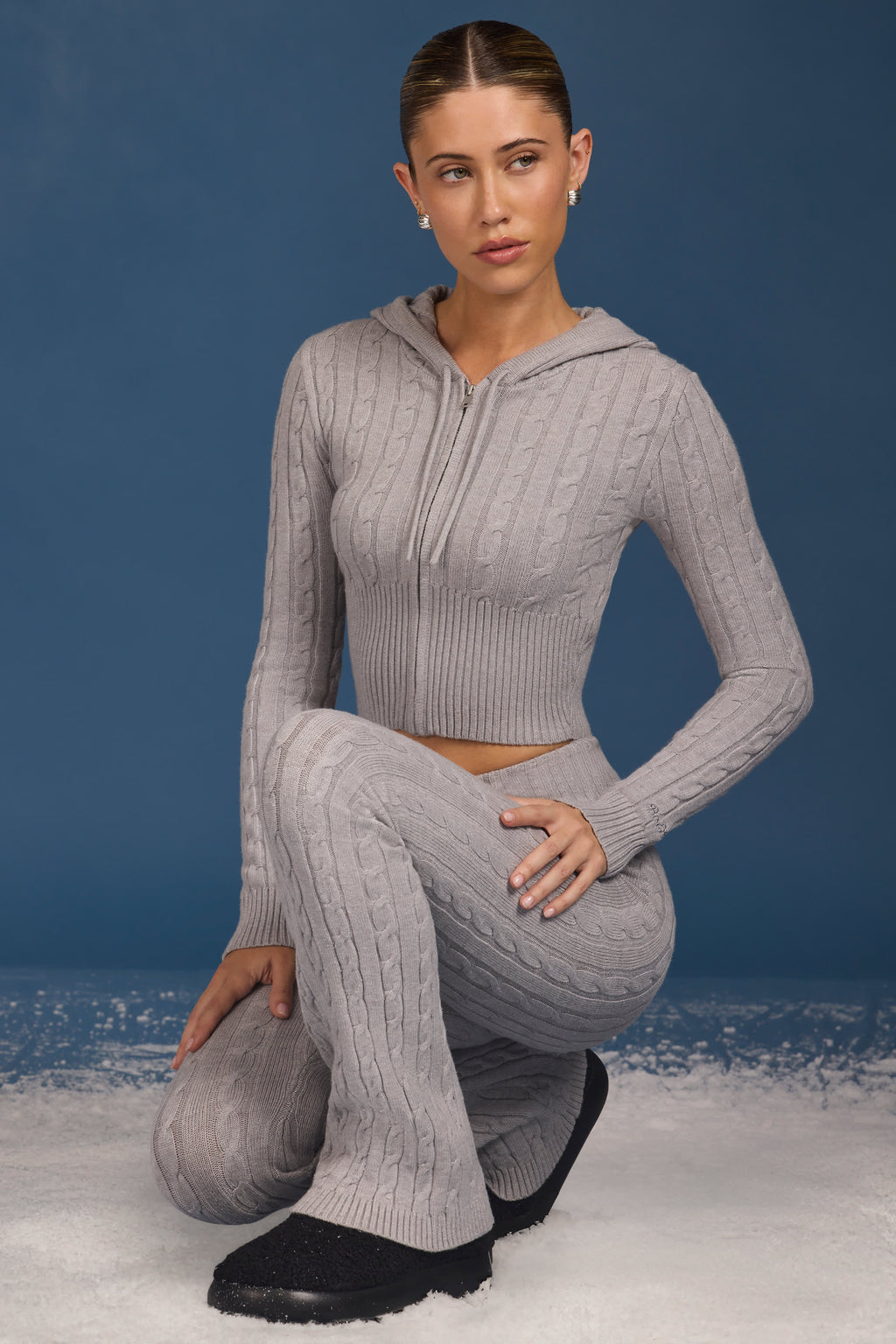 Cable Knit Zip-Up Hoodie in Grey Marl