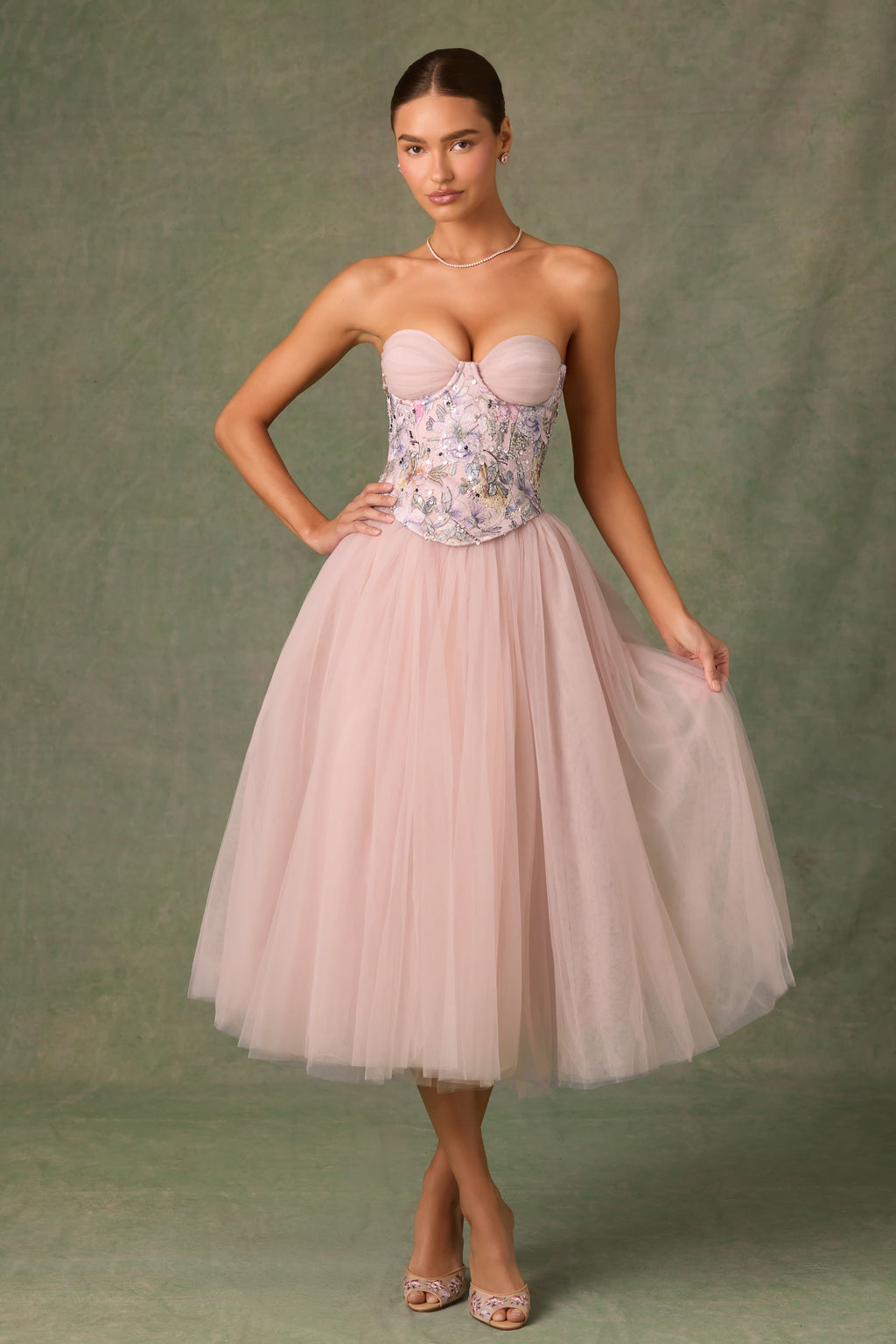 Embellished Lace-Up Cupless Corset in Floral Pink