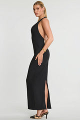 Woven Twill Halter Neck Plunge Maxi Dress in Black