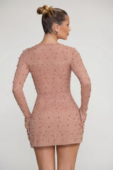 Embellished Wrap Over A-Line Mini Dress in Beige
