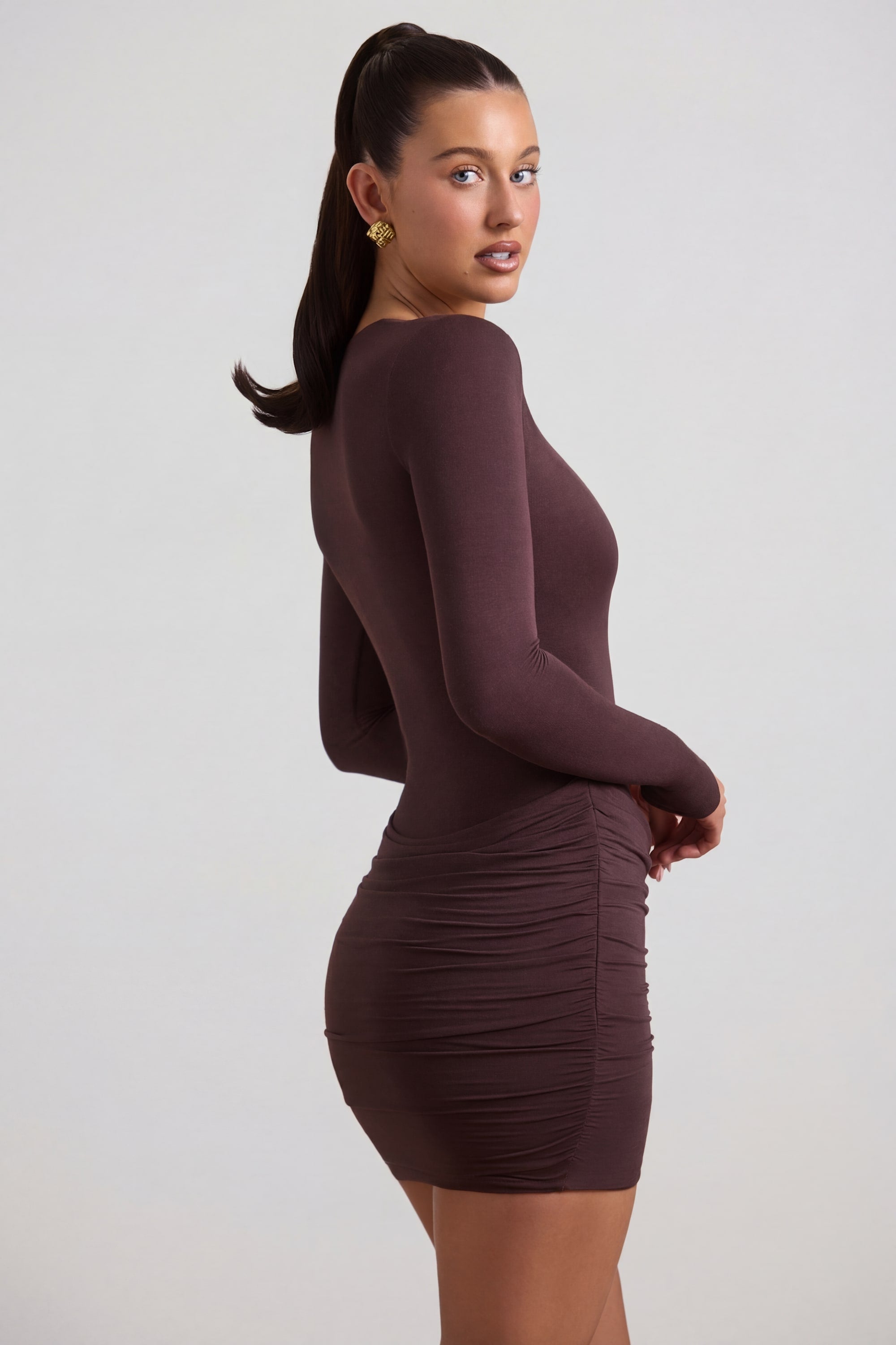 Modal-Cashmere Blend Draped Long-Sleeve Mini Dress in Espresso