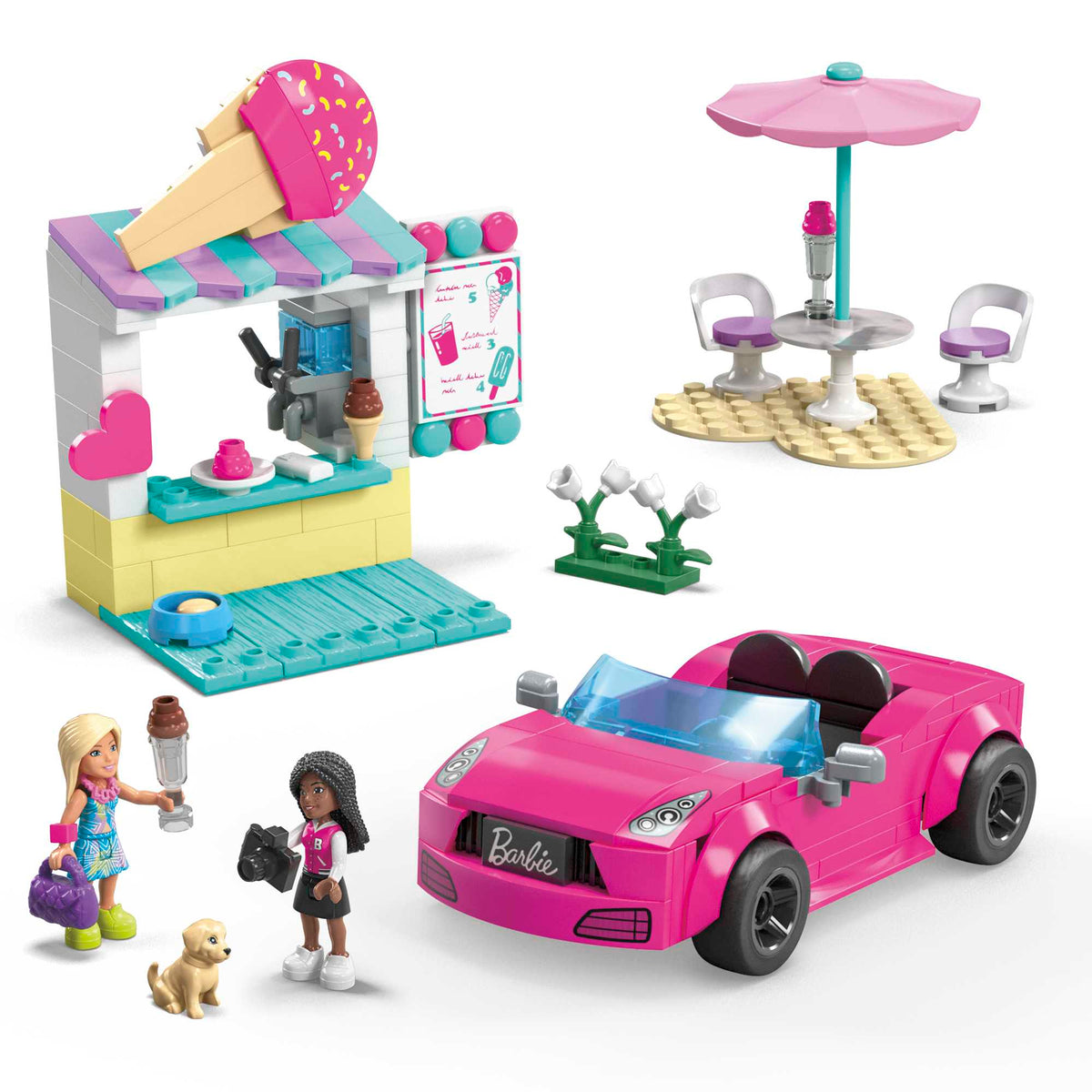 MEGA Barbie Convertible & Ice Cream Stand Building Toy Kit With 2 Micro-Dolls (225 Pieces)